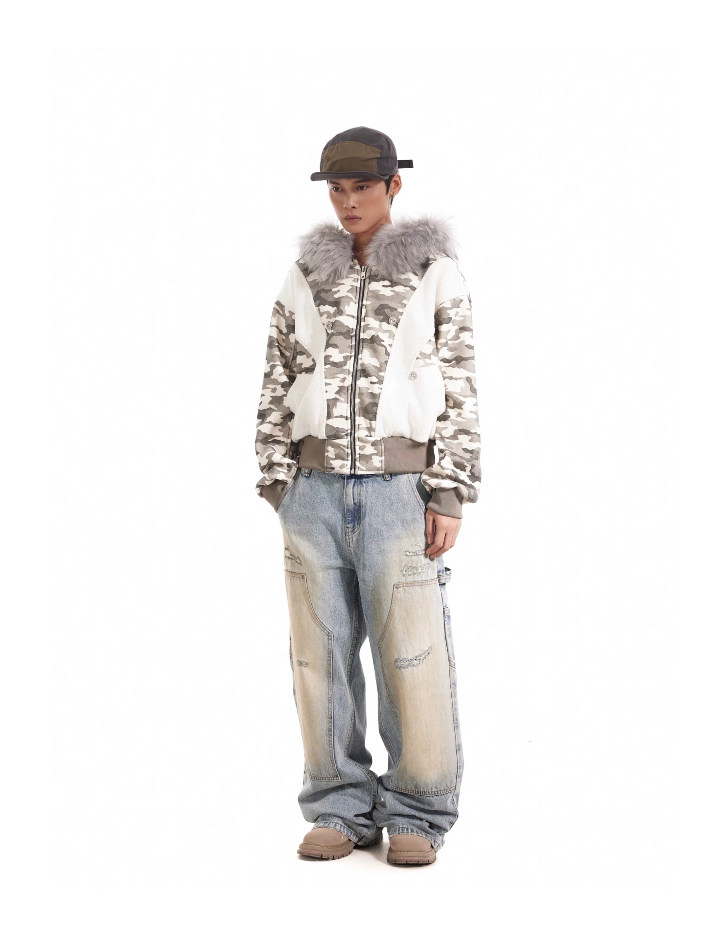 BTSG Stitching Camouflage Brushed fleece collar mountain carved padded jacket