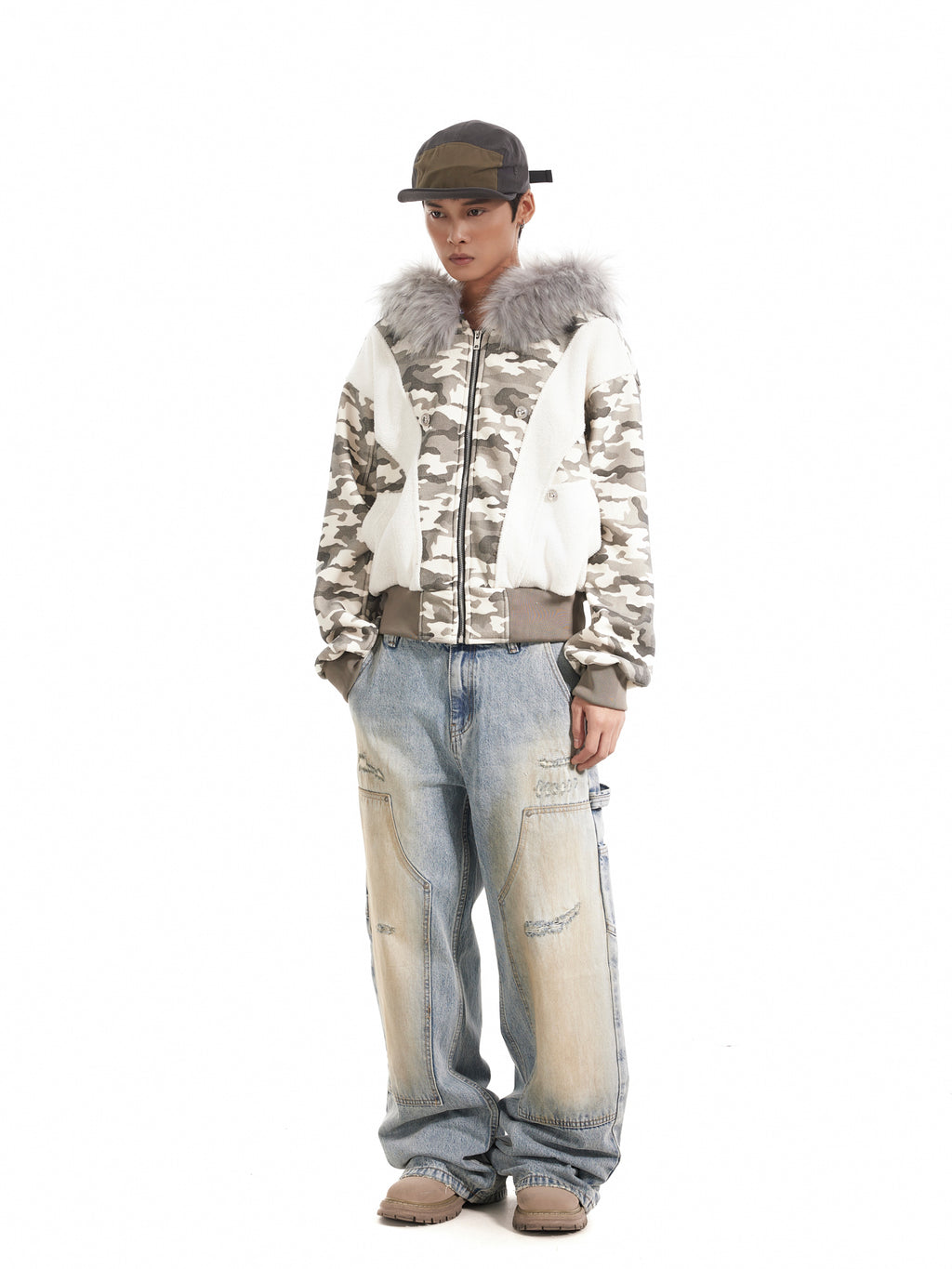 BTSG Stitching Camouflage Brushed fleece collar mountain carved padded jacket