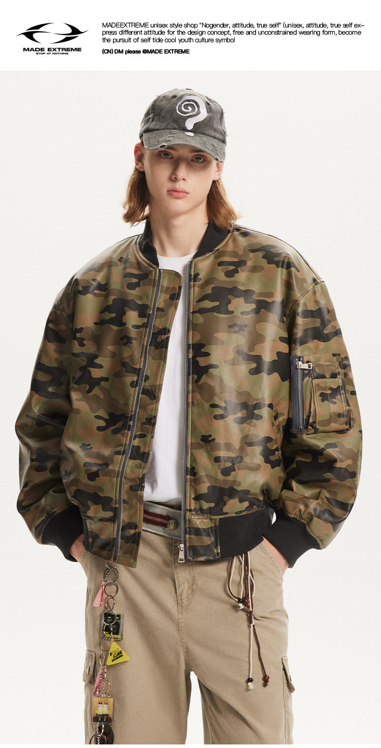 MADEEXTREME Camouflage PU Leather Flight Jacket