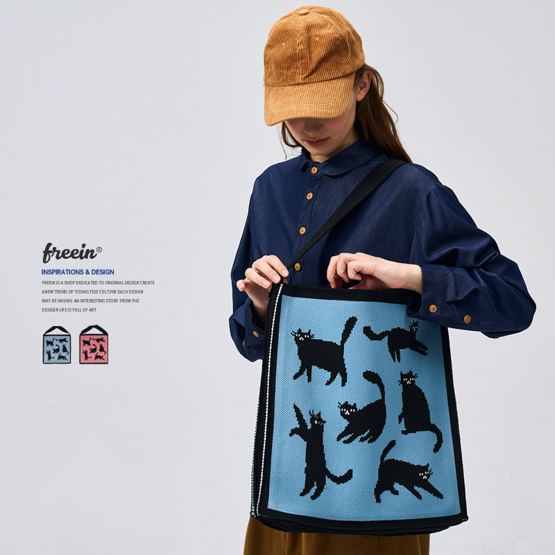 FREEIN Cat Shoulder Bag Knitted Embroidery Tote Bag