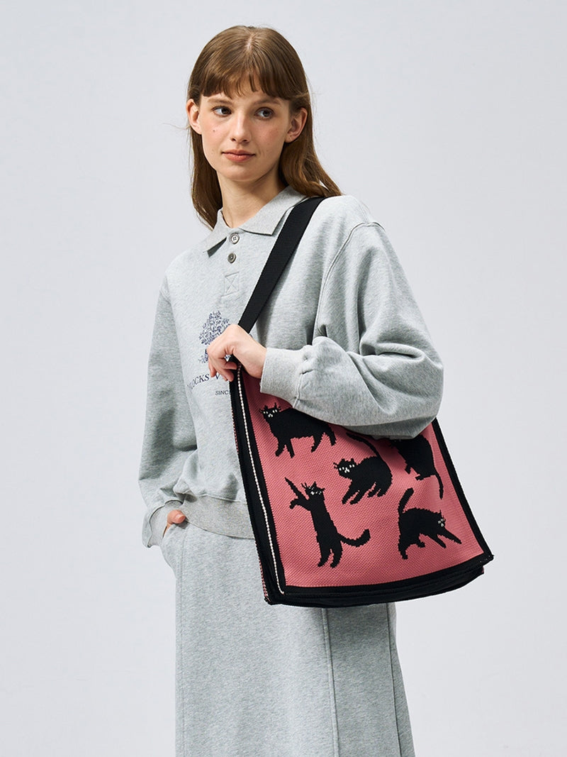FREEIN Cat Shoulder Bag Knitted Embroidery Tote Bag