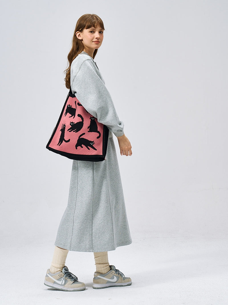 FREEIN Cat Shoulder Bag Knitted Embroidery Tote Bag