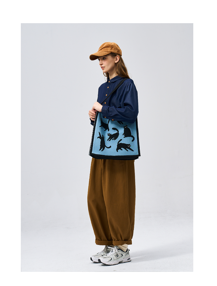 FREEIN Cat Shoulder Bag Knitted Embroidery Tote Bag