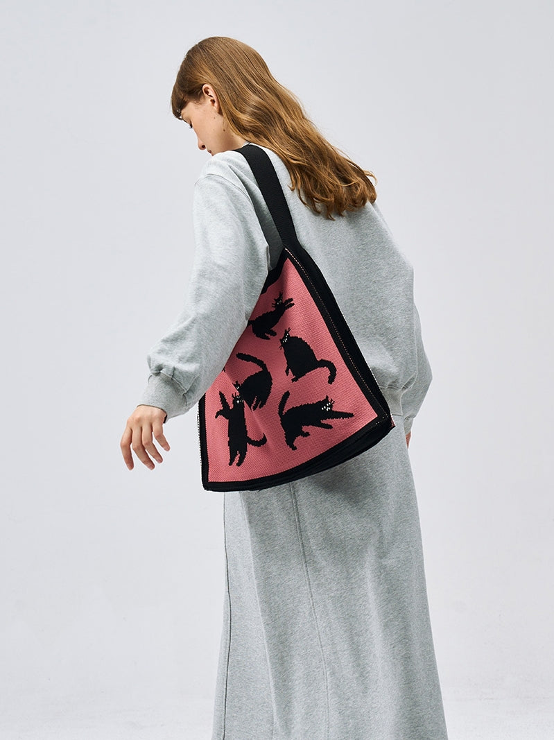 FREEIN Cat Shoulder Bag Knitted Embroidery Tote Bag