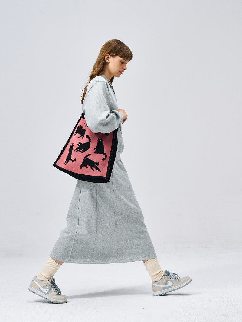 FREEIN Cat Shoulder Bag Knitted Embroidery Tote Bag