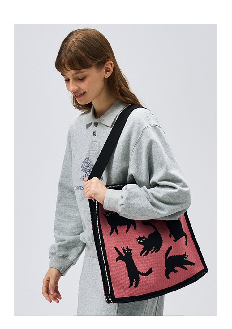 FREEIN Cat Shoulder Bag Knitted Embroidery Tote Bag