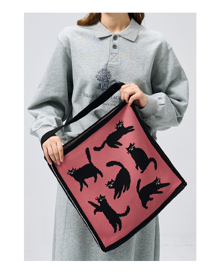 FREEIN Cat Shoulder Bag Knitted Embroidery Tote Bag