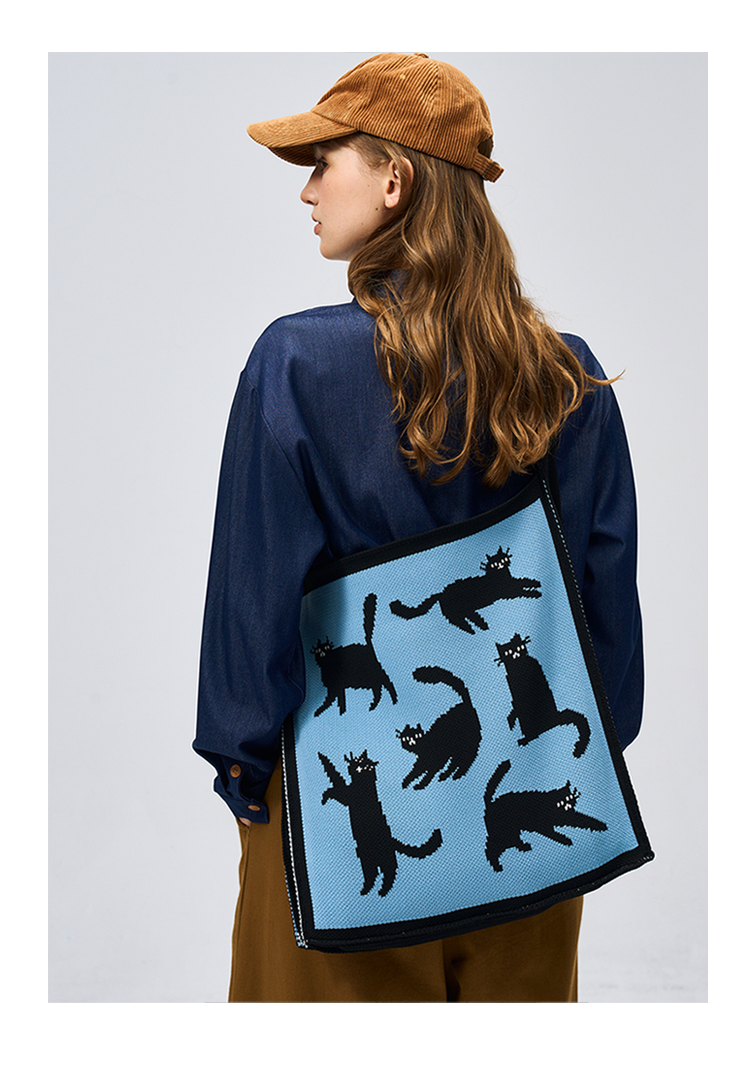 FREEIN Cat Shoulder Bag Knitted Embroidery Tote Bag