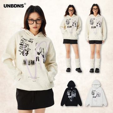 UNBDNS Retro Letter Print Unisex Loose Casual Fleece Hoodie