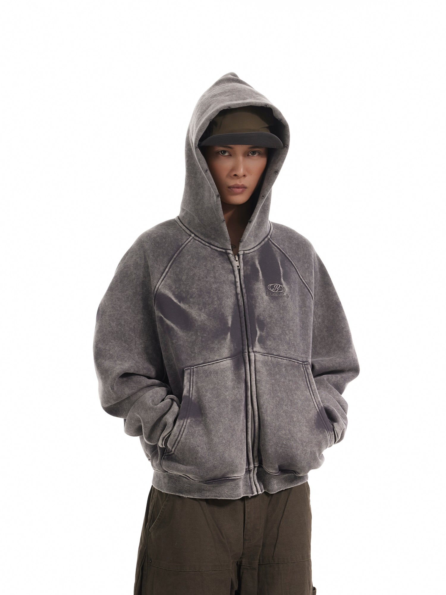 BTSG Distressed gradient pleats piled velvet Zipper Jacket