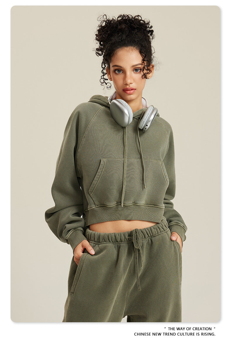 BE Women Raglan Washed Fleece Cropped Hoodie