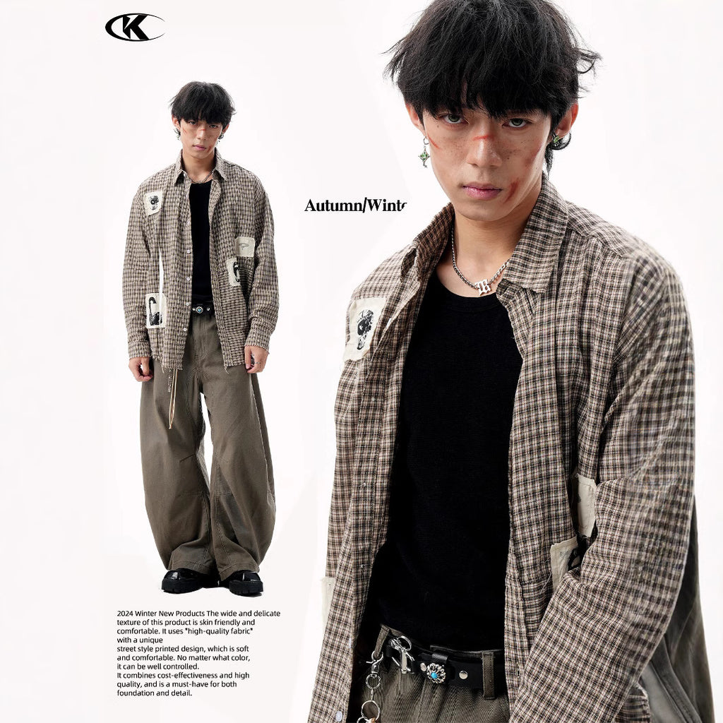 11KN Graphical contrasting plaid patch embroidered Shirt