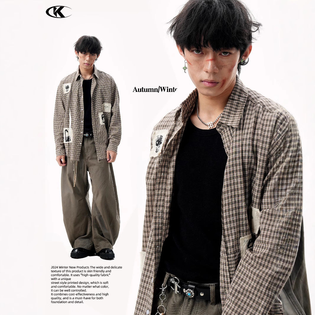 11KN Graphical contrasting plaid patch embroidered Shirt