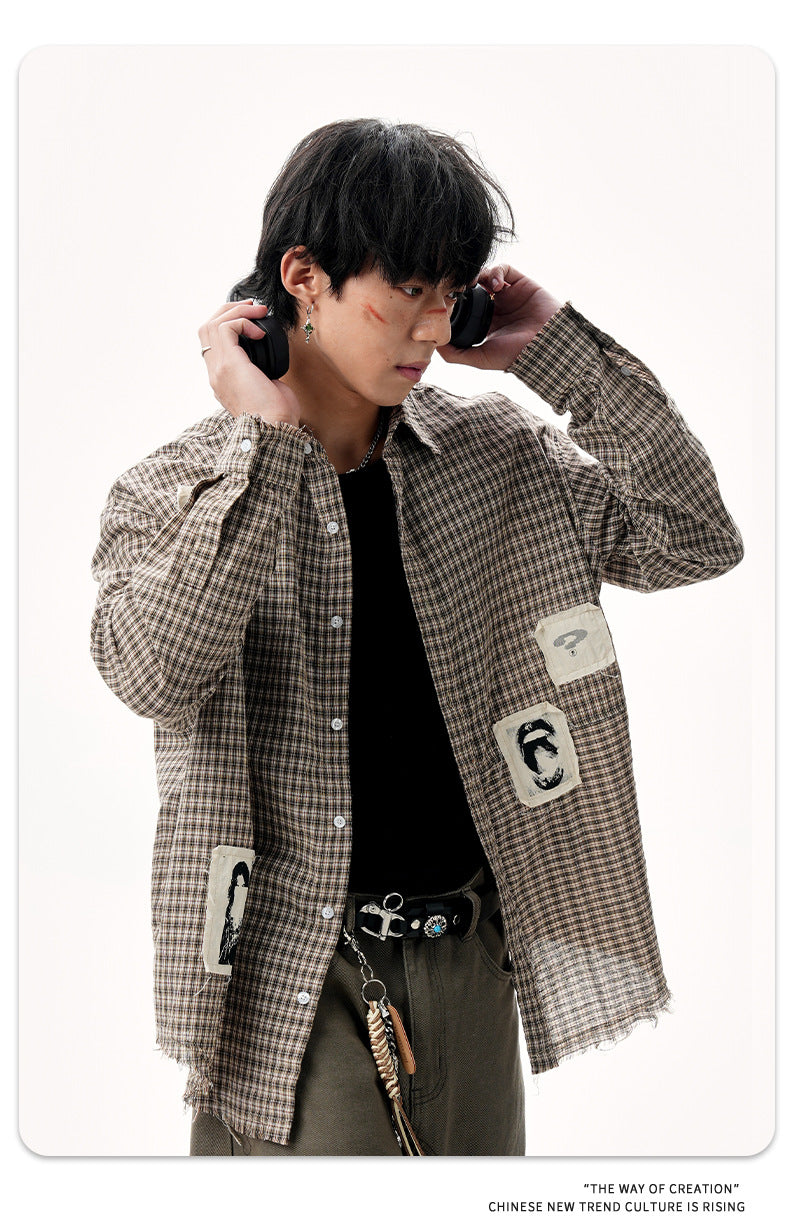 11KN Graphical contrasting plaid patch embroidered Shirt