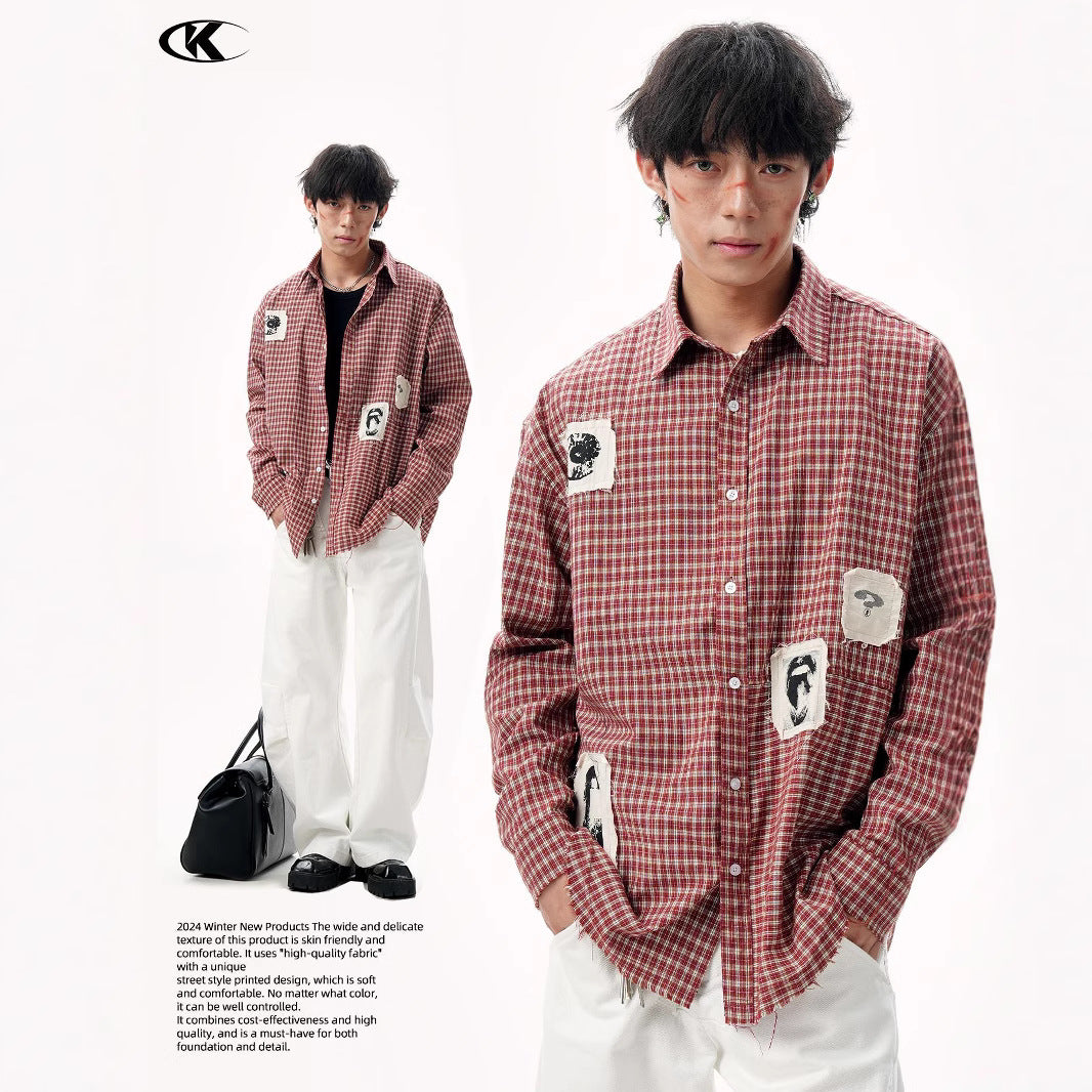 11KN Graphical contrasting plaid patch embroidered Shirt