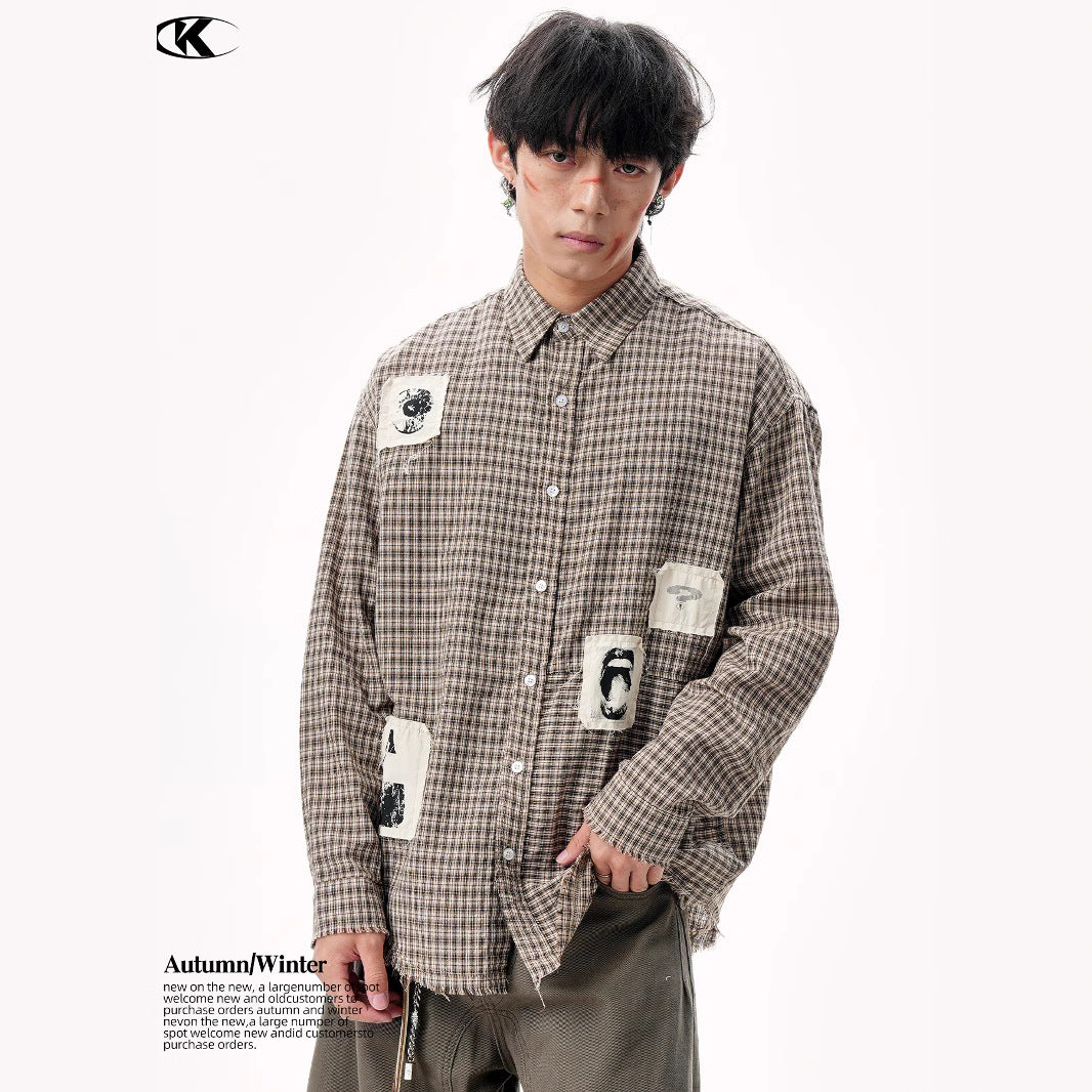 11KN Graphical contrasting plaid patch embroidered Shirt