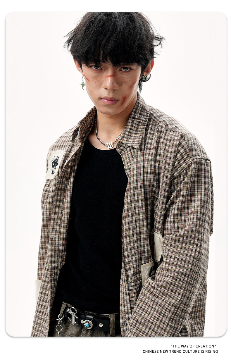 11KN Graphical contrasting plaid patch embroidered Shirt