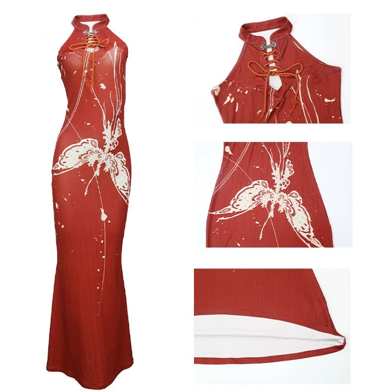 YEDM Butterfly Snake Print Cheongsam Dress