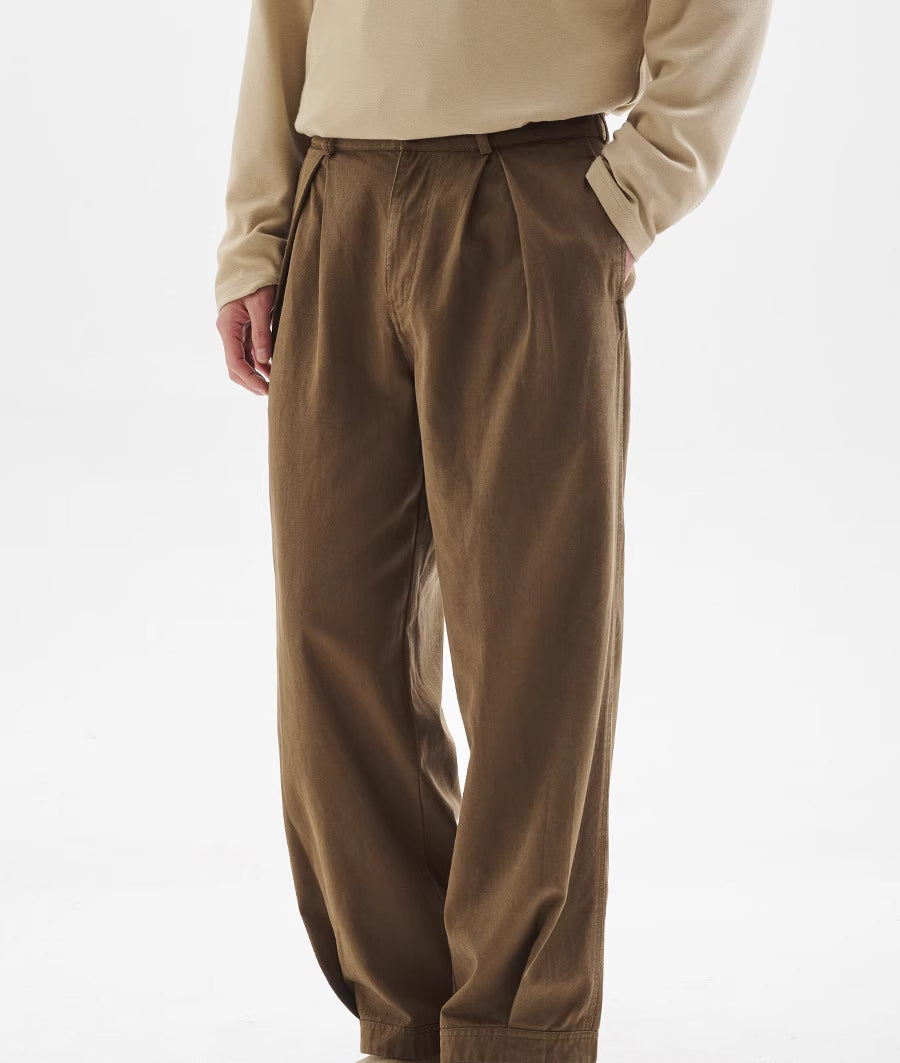 BUTTBILL Japanese Lyocell cotton washed double pleated commuter straight Pants