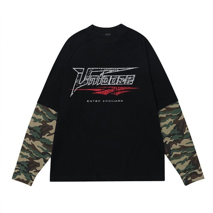 #OVDY original fake two-piece printed camouflage stitching Sweatshirt