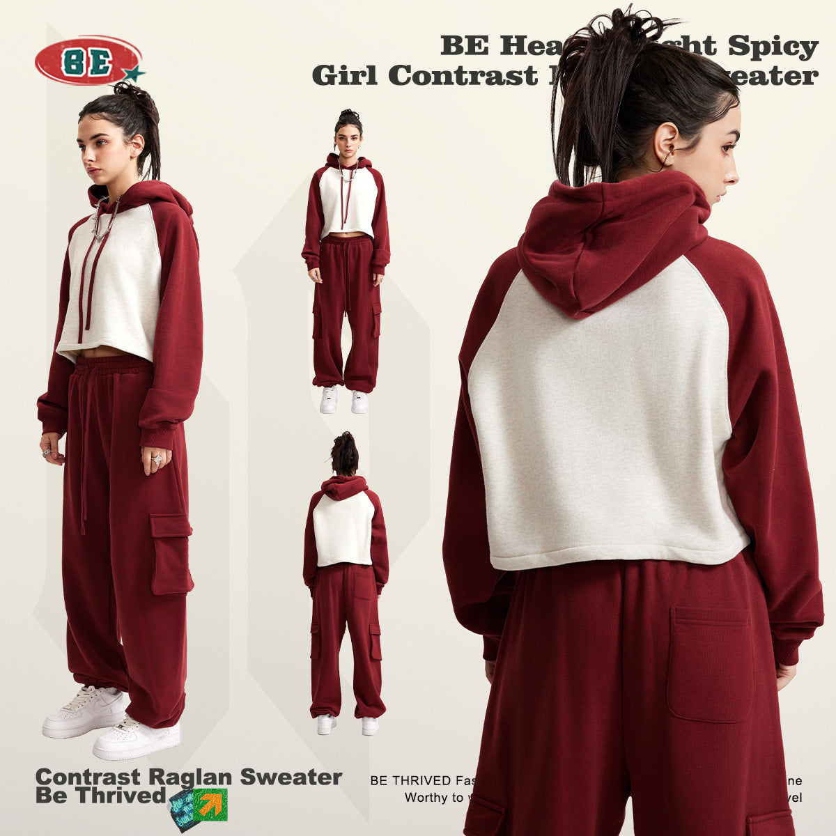 BE Contrasting Raglan BM Style Cropped Hoodie