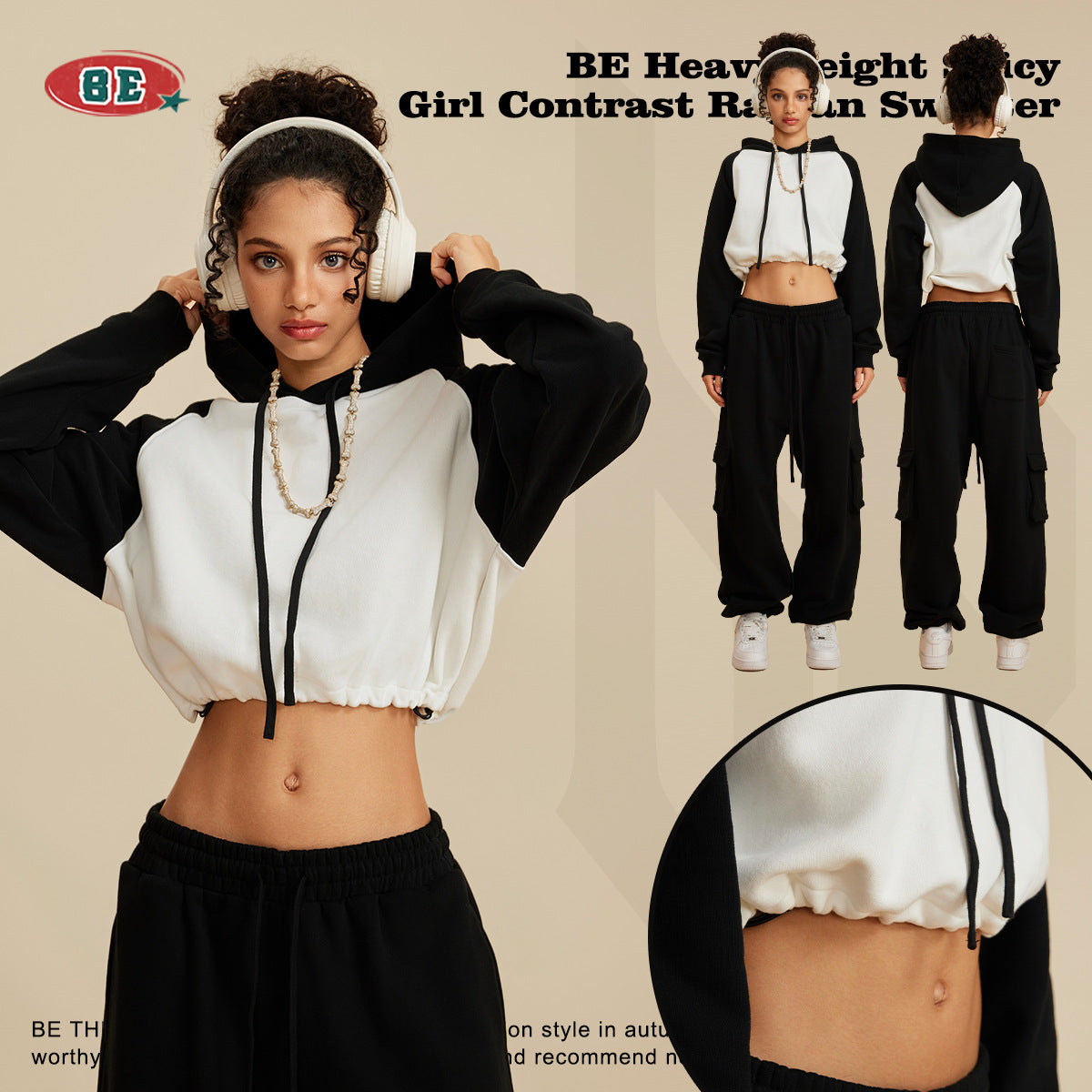 BE Contrasting Raglan BM Style Cropped Hoodie