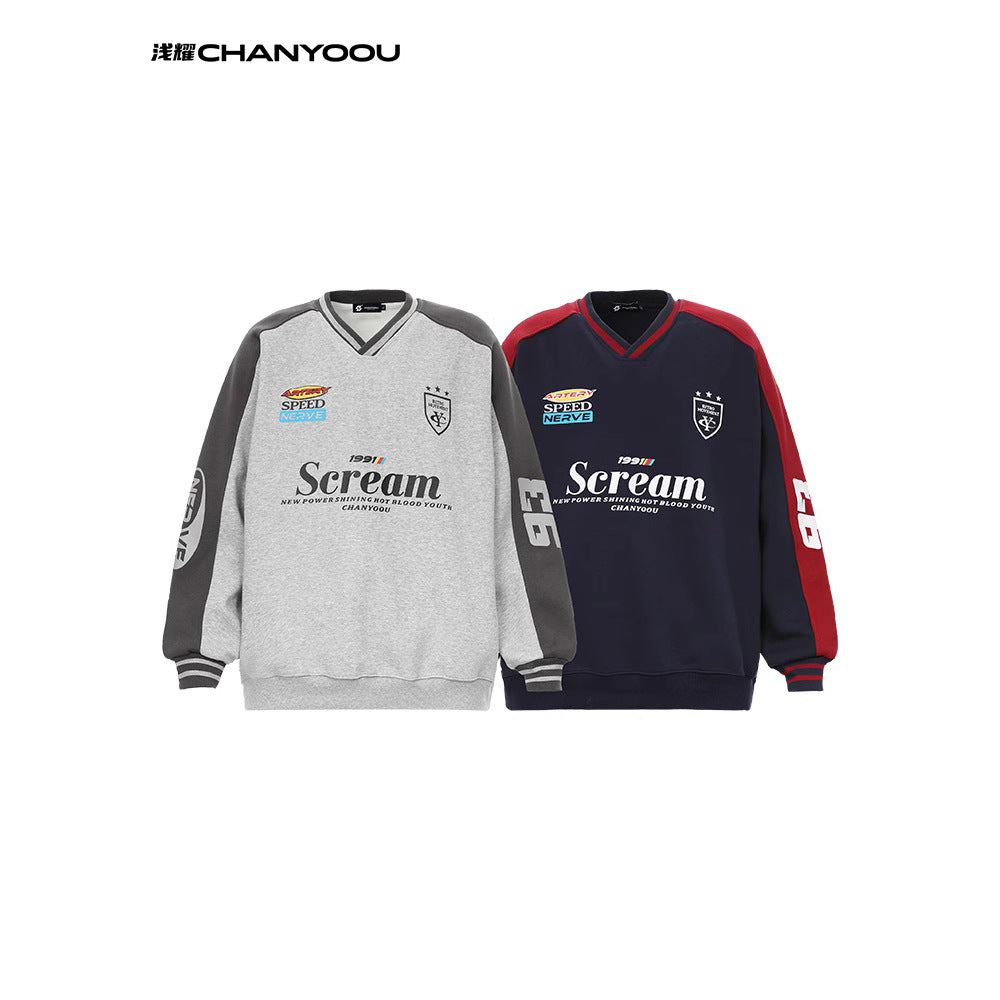 CY American retro letters V-neck sweatshirt heavy lazy style loose couple pullover Sweatshirt