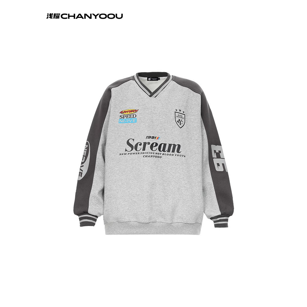 CY American retro letters V-neck sweatshirt heavy lazy style loose couple pullover Sweatshirt