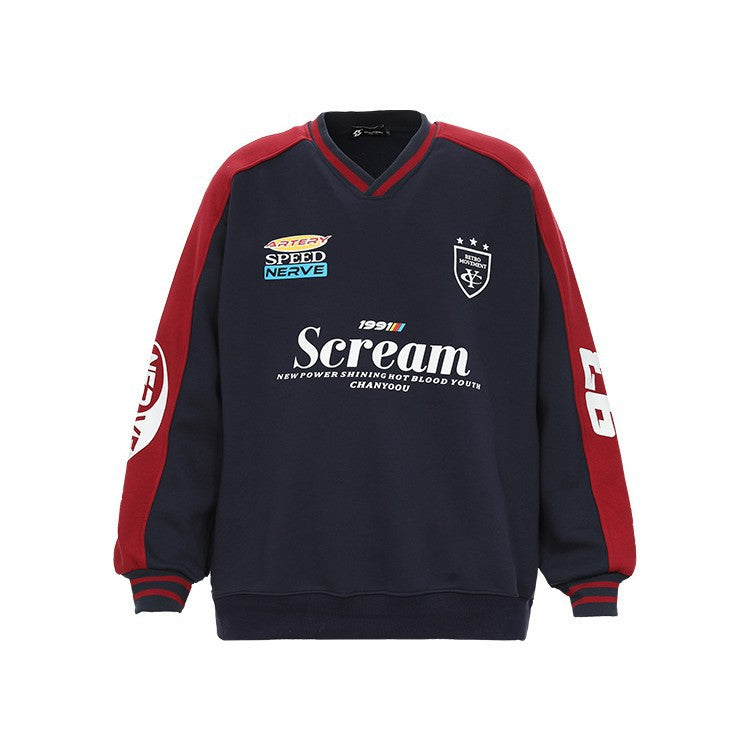 CY American retro letters V-neck sweatshirt heavy lazy style loose couple pullover Sweatshirt