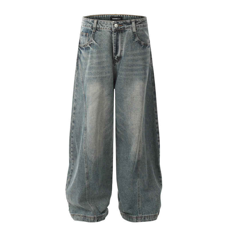 BTSG Wash deconstruction relaxed loose wide leg mop scimitar jeans