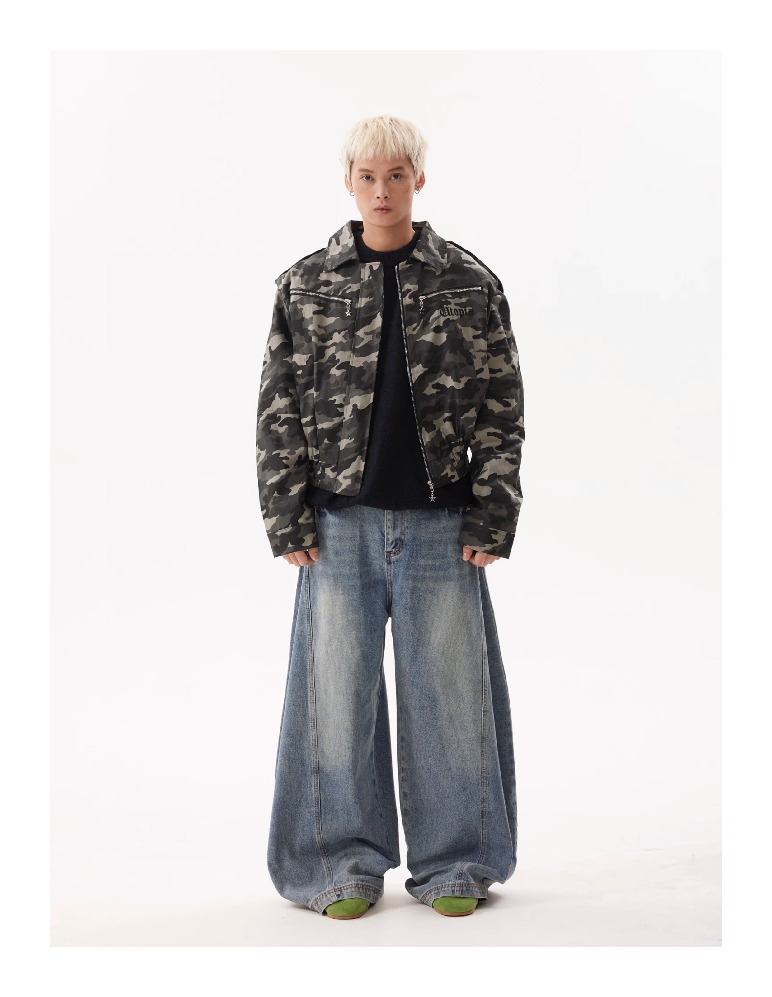 BTSG Wash deconstruction relaxed loose wide leg mop scimitar jeans