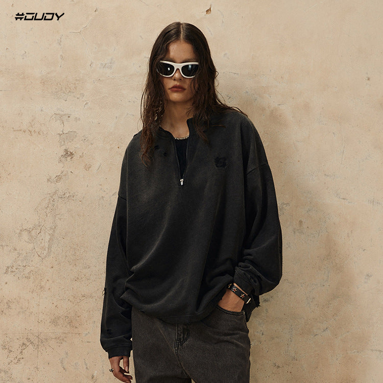 #OVDY Vintage Washed Long Sleeve Embroidery Half Zipper Frayed Oversize Sweatshirt