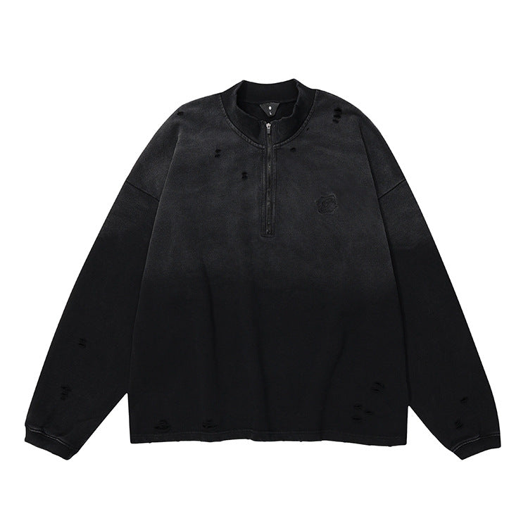 #OVDY Vintage Washed Long Sleeve Embroidery Half Zipper Frayed Oversize Sweatshirt