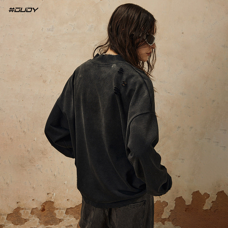 #OVDY Vintage Washed Long Sleeve Embroidery Half Zipper Frayed Oversize Sweatshirt