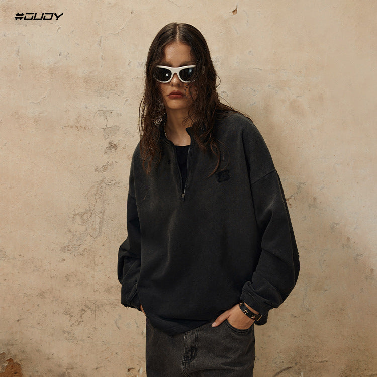 #OVDY Vintage Washed Long Sleeve Embroidery Half Zipper Frayed Oversize Sweatshirt