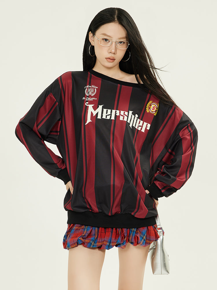 Axis Mundi American Retro Hottie Contrast Jersey Off-the-shoulder Sweatshirt Loose Sporty Slim Top