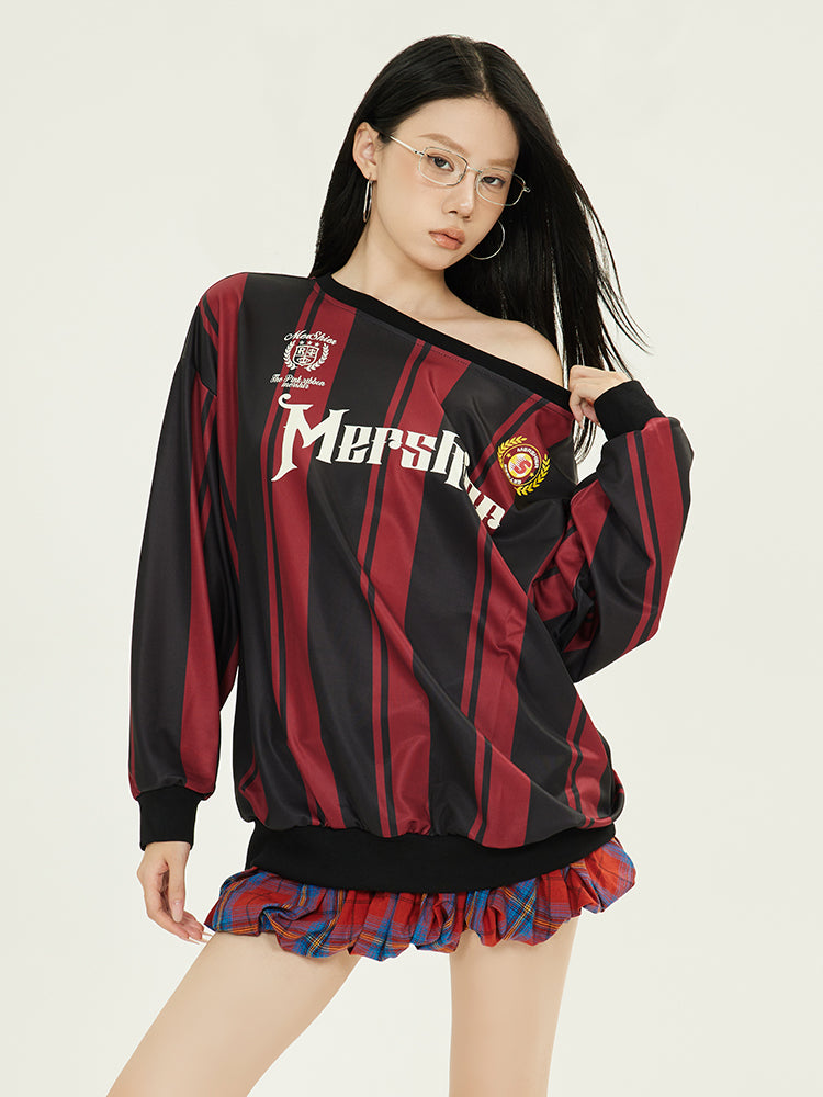 Axis Mundi American Retro Hottie Contrast Jersey Off-the-shoulder Sweatshirt Loose Sporty Slim Top