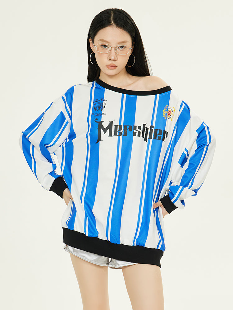 Axis Mundi American Retro Hottie Contrast Jersey Off-the-shoulder Sweatshirt Loose Sporty Slim Top