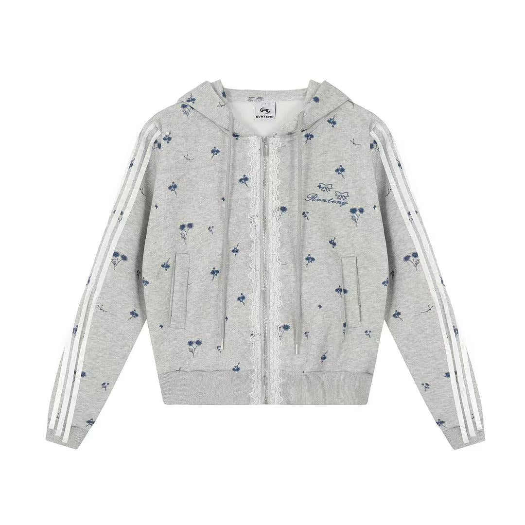 Axis Mundi American Ditsy Floral Lace Patchwork Hooded Cardigan Cropped Loose Jacket