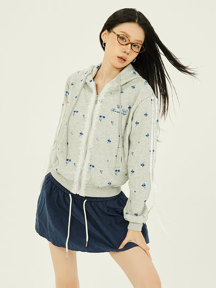 Axis Mundi American Ditsy Floral Lace Patchwork Hooded Cardigan Cropped Loose Jacket