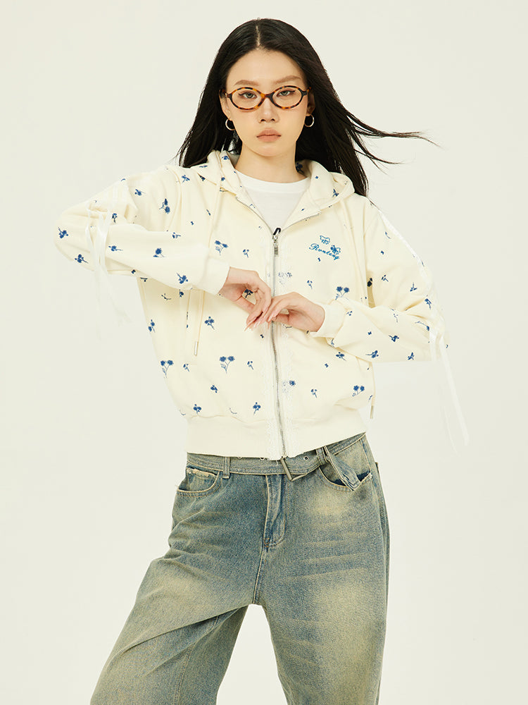 Axis Mundi American Ditsy Floral Lace Patchwork Hooded Cardigan Cropped Loose Jacket