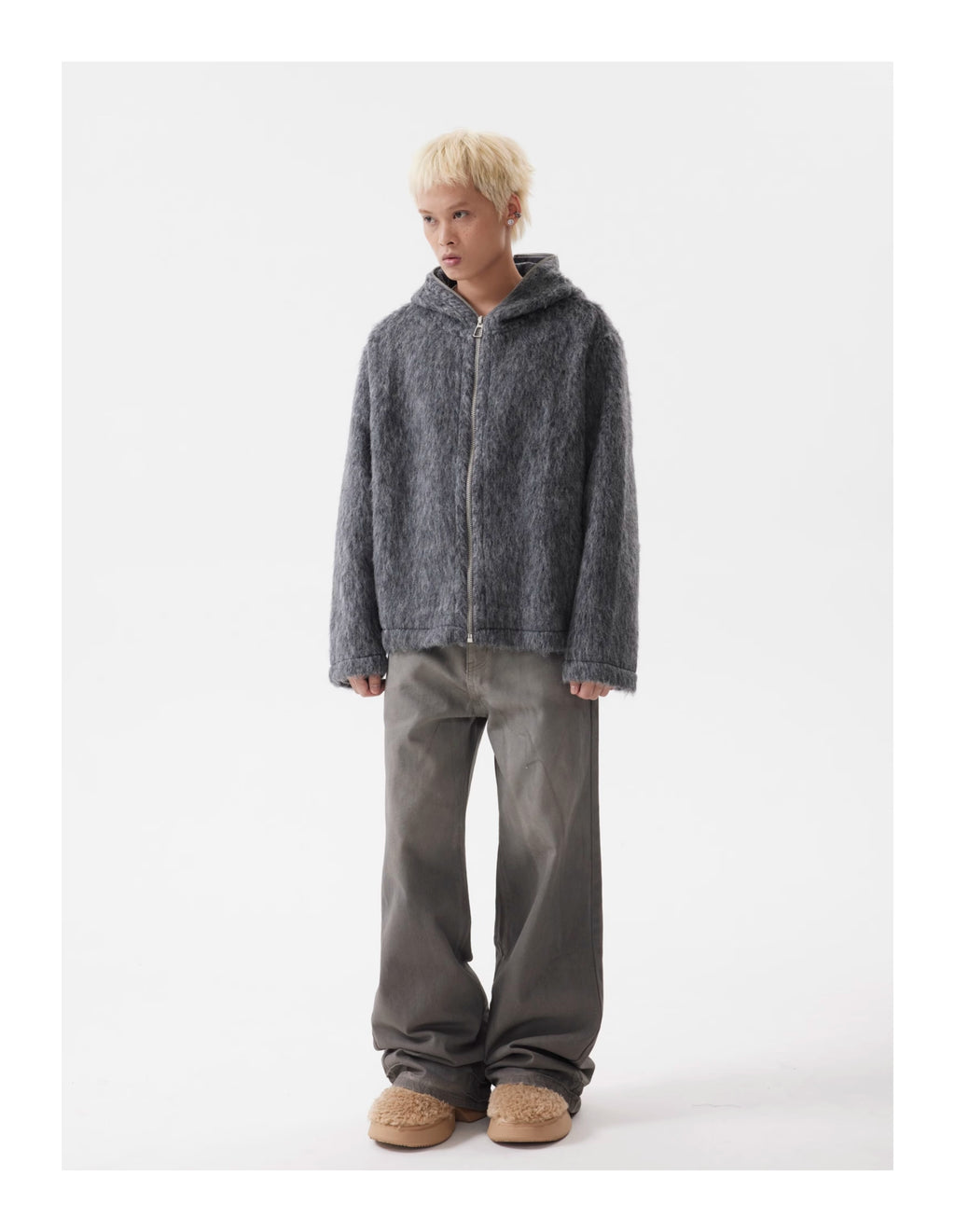 BTSG lazy Mohair full zip hooded cardigan sweater jacket