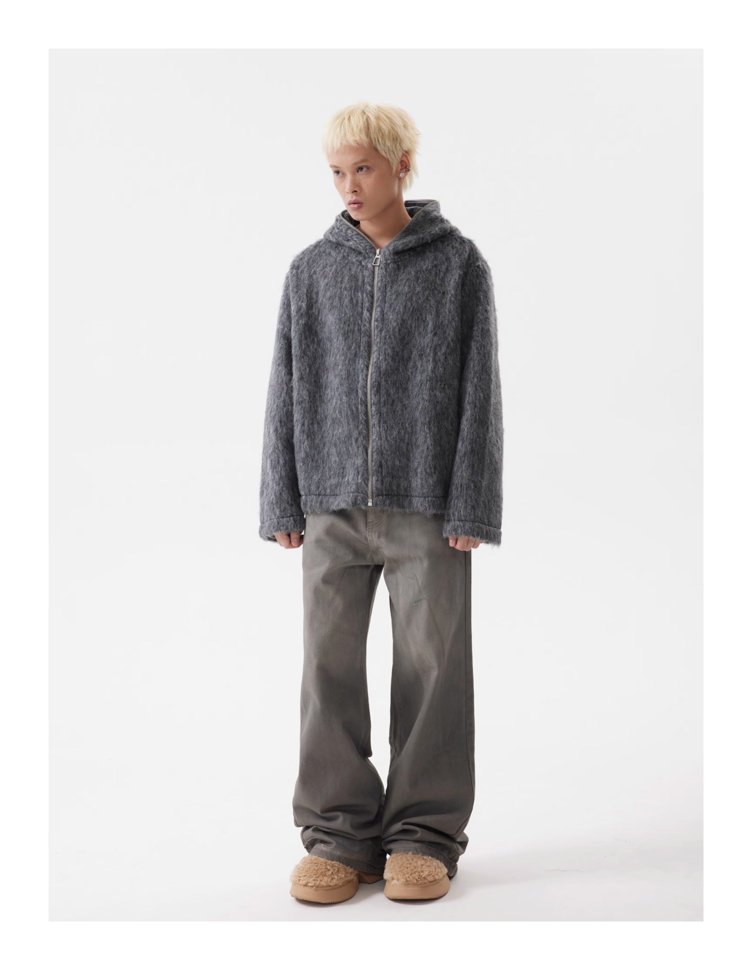 BTSG lazy Mohair full zip hooded cardigan sweater jacket