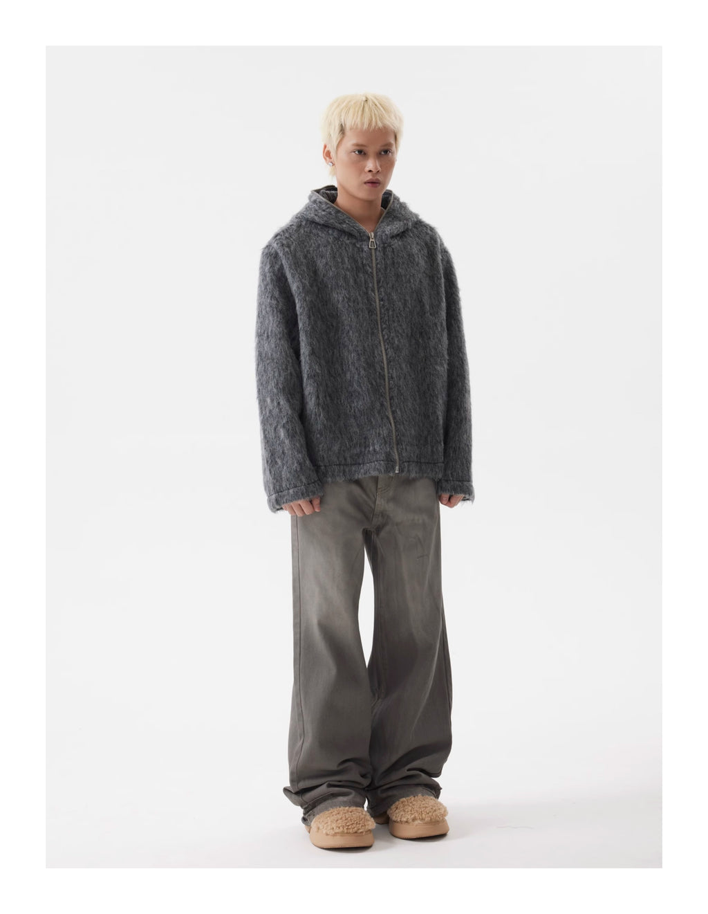 BTSG lazy Mohair full zip hooded cardigan sweater jacket