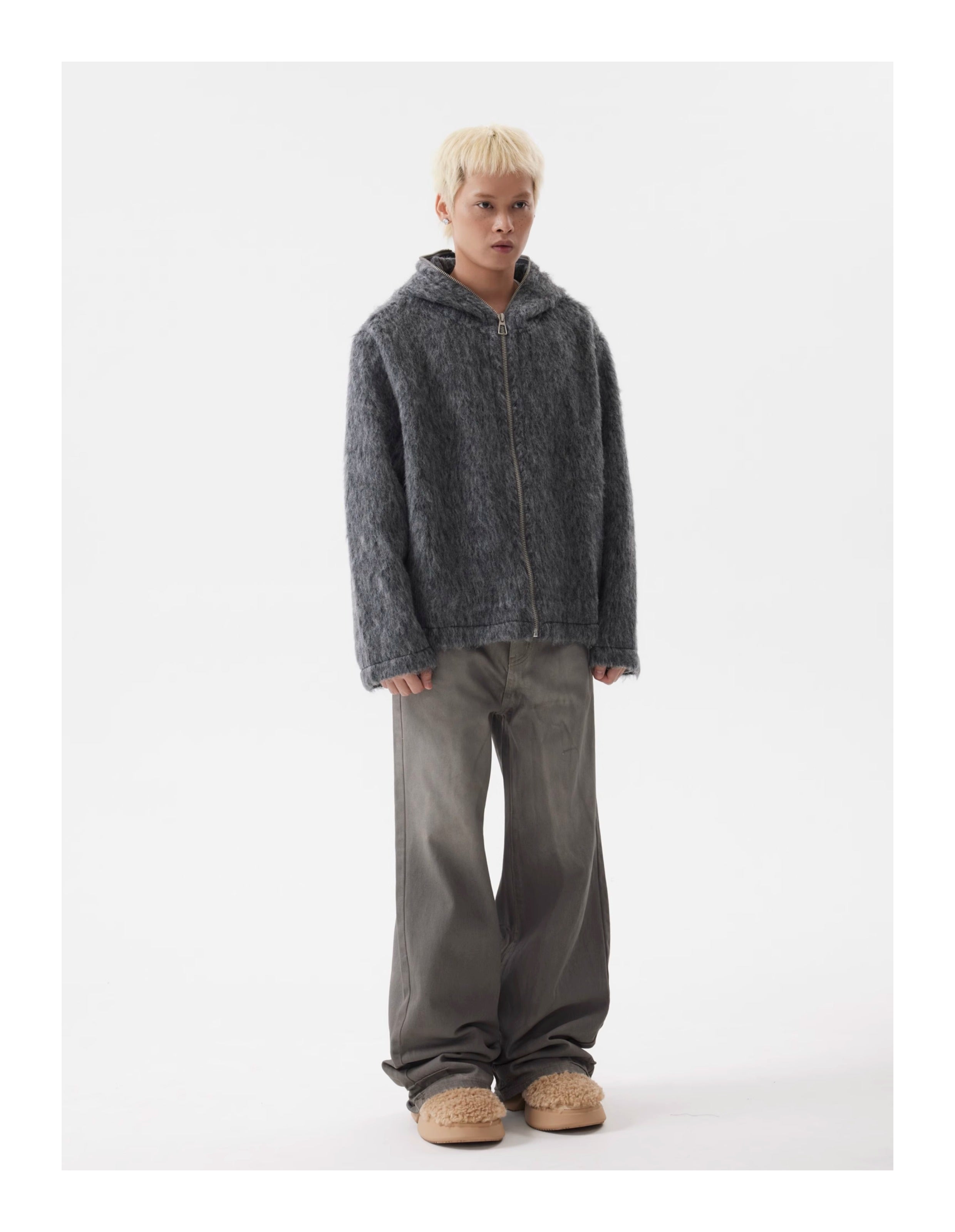 BTSG lazy Mohair full zip hooded cardigan sweater jacket
