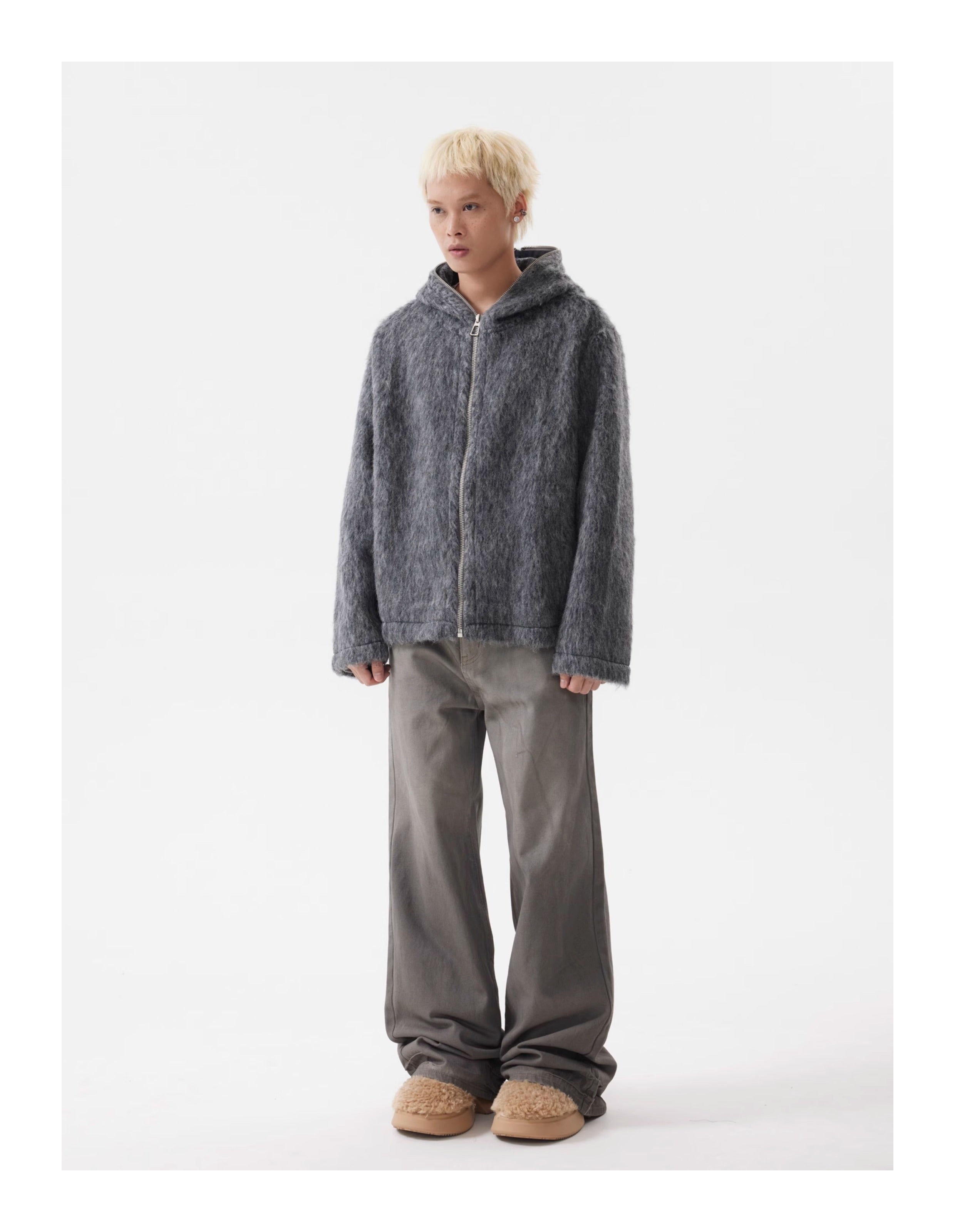 BTSG lazy Mohair full zip hooded cardigan sweater jacket