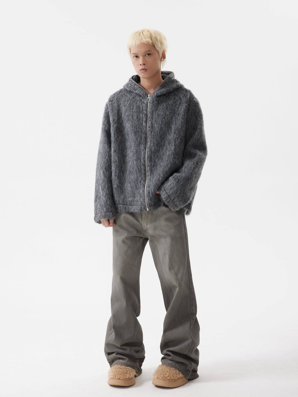 BTSG lazy Mohair full zip hooded cardigan sweater jacket
