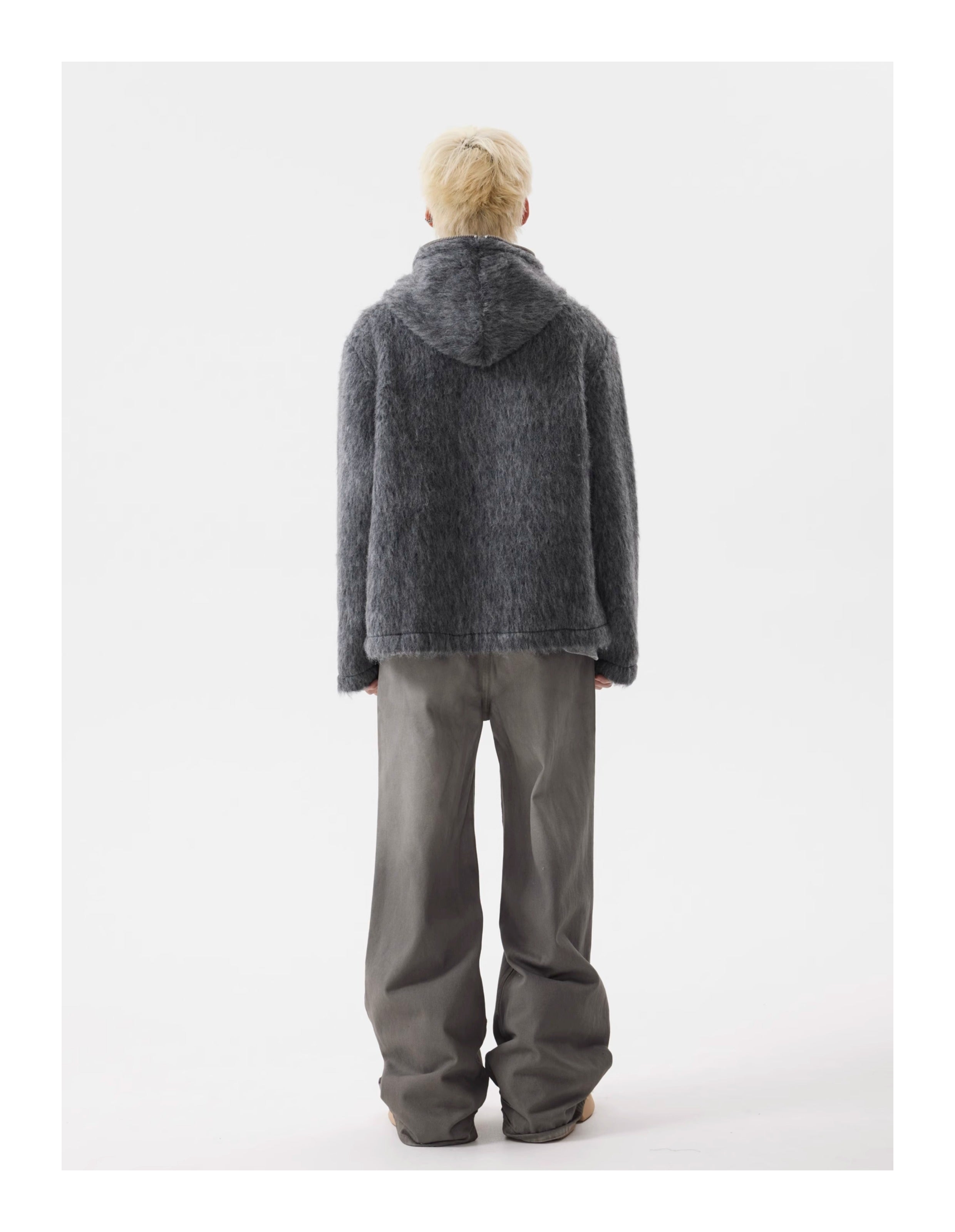 BTSG lazy Mohair full zip hooded cardigan sweater jacket