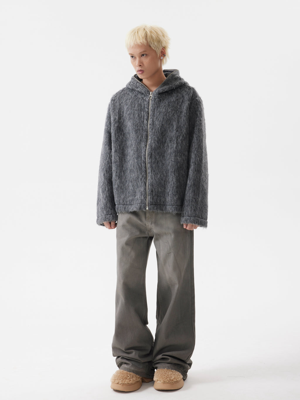 BTSG lazy Mohair full zip hooded cardigan sweater jacket