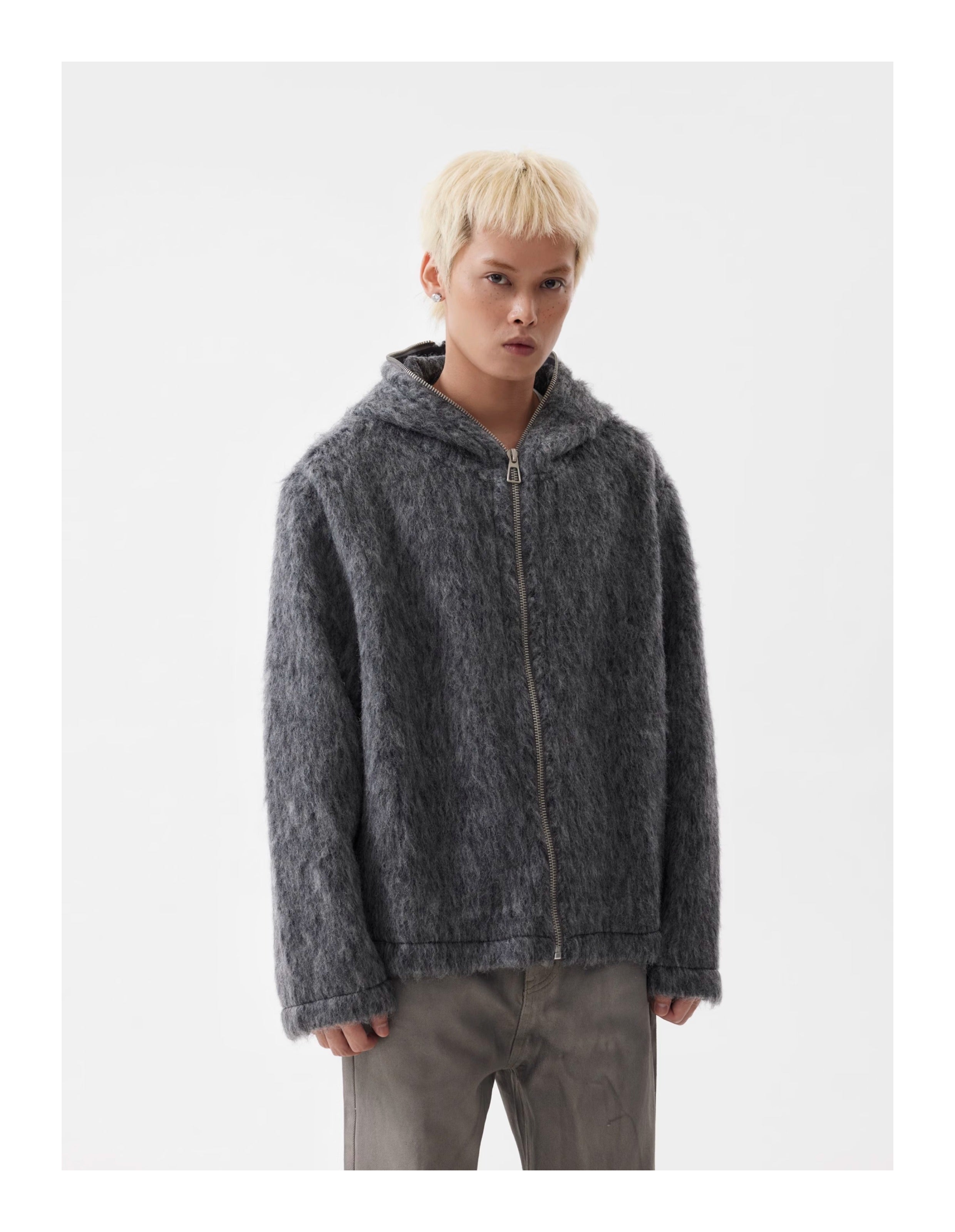 BTSG lazy Mohair full zip hooded cardigan sweater jacket
